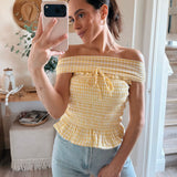 Peony Yellow Checker Off-Shoulder Smocked Body Tie Tube Top