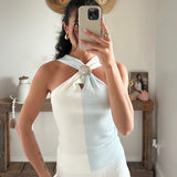 Water Blue Seashell Embellished Twisted Halter Top