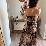 Black/Brown Floral Chiffon Ruffled Maxi Dress