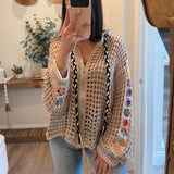 Soft Beige Balloon Sleeve Square See Through Weave Thin Sweater Hoodie