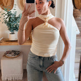 Mesh Halter Top with Integrated Scarf Detail