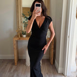 Ruched V-Neck Thigh Slit Maxi Dress