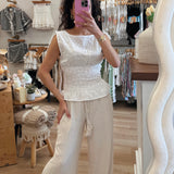 White Eyelet Boat Neck Sleeveless Smocked Top