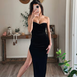 Rhinestone Neckline Velvet Maxi Dress - Black