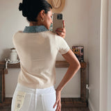 Lena Contrast Collar Crop Top - Natural/Denim