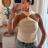 Mesh Halter Top with Integrated Scarf Detail