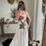 White Rose-Print Mesh Strapless Drop-Waist Maxi Dress
