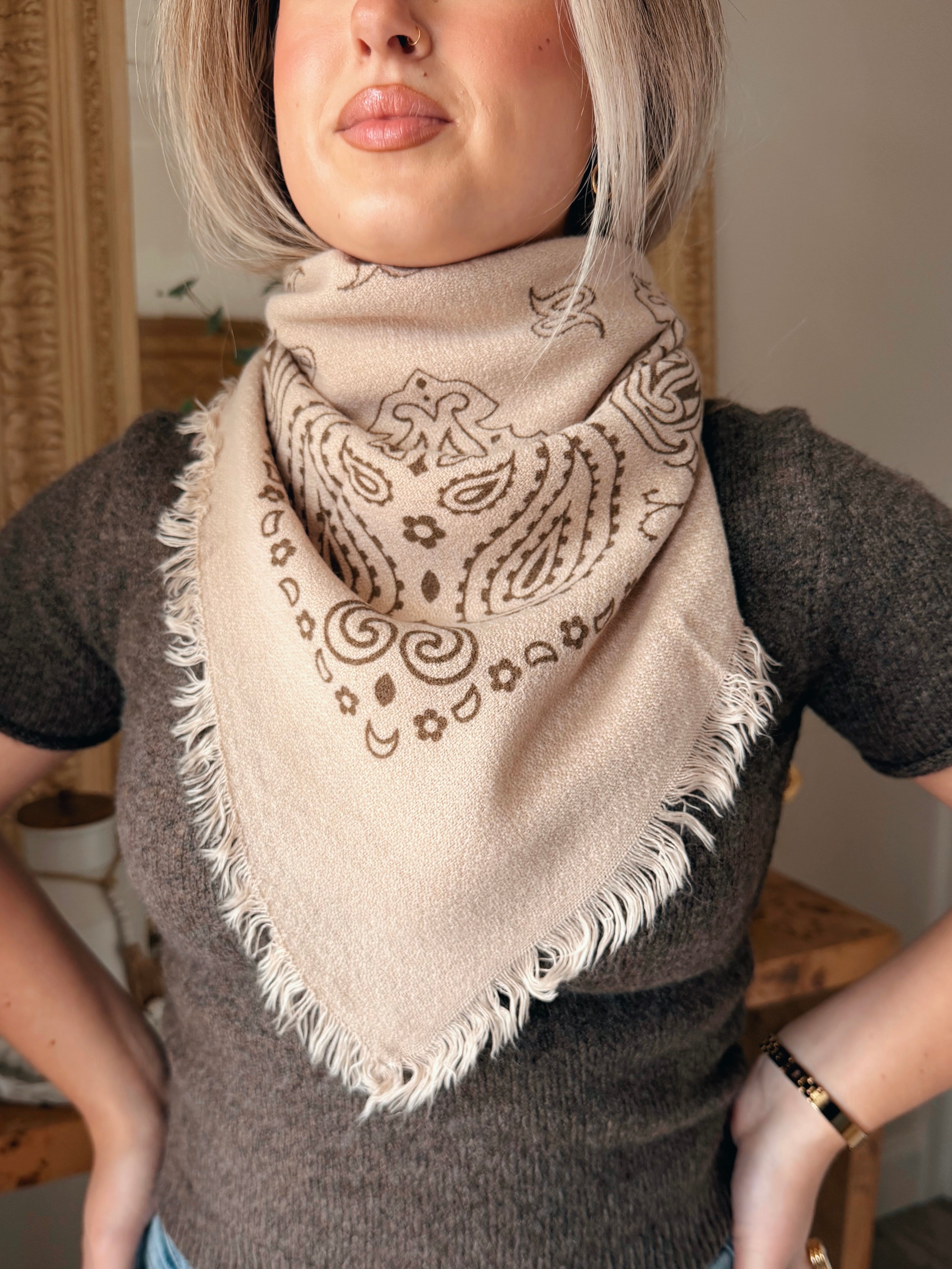 Paisley Pattern Wool Scarf - Beige/Cafe