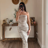 Champagne Sequin Bow Tube Midi Dress