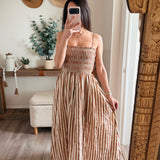 Taupe Striped Cotton-Blend Smocked Pocket Midi Dress