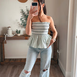 Mint Strapless Ruffled Edge Embroidery Top