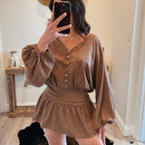 Linen Longsleeve Button and Smocked Waist Dress