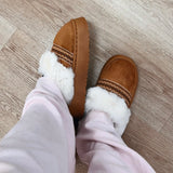 Faux Fur Suede Mule Slippers with Embroidered Trim