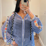 Periwinkle Balloon Sleeve Square See Through Weave Thin Sweater Hoodie