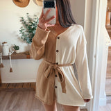 Cream-Sand Knit Colorblock Belted Cardigan/Dress