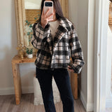 Plaid Sherpa Fleece High-Collar Button-Front Pocket Jacket