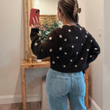 Polka Dot Jacquard-Knit Button-Up Crew-Neck Cropped Cardigan
