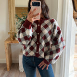 Plaid Jacquard-Knit Button-Front Crew-Neck Cardigan Sweater