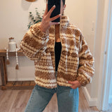 Taupe Fuzzy Fleece Zip-Front Patterned Jacket