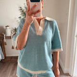 Light Chambray Striped Rib-Knit Collared Split-Neck Top