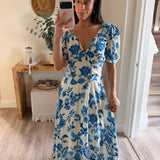 Cream/Blue Carrie Floral Puff Sleeve Maxi Dress