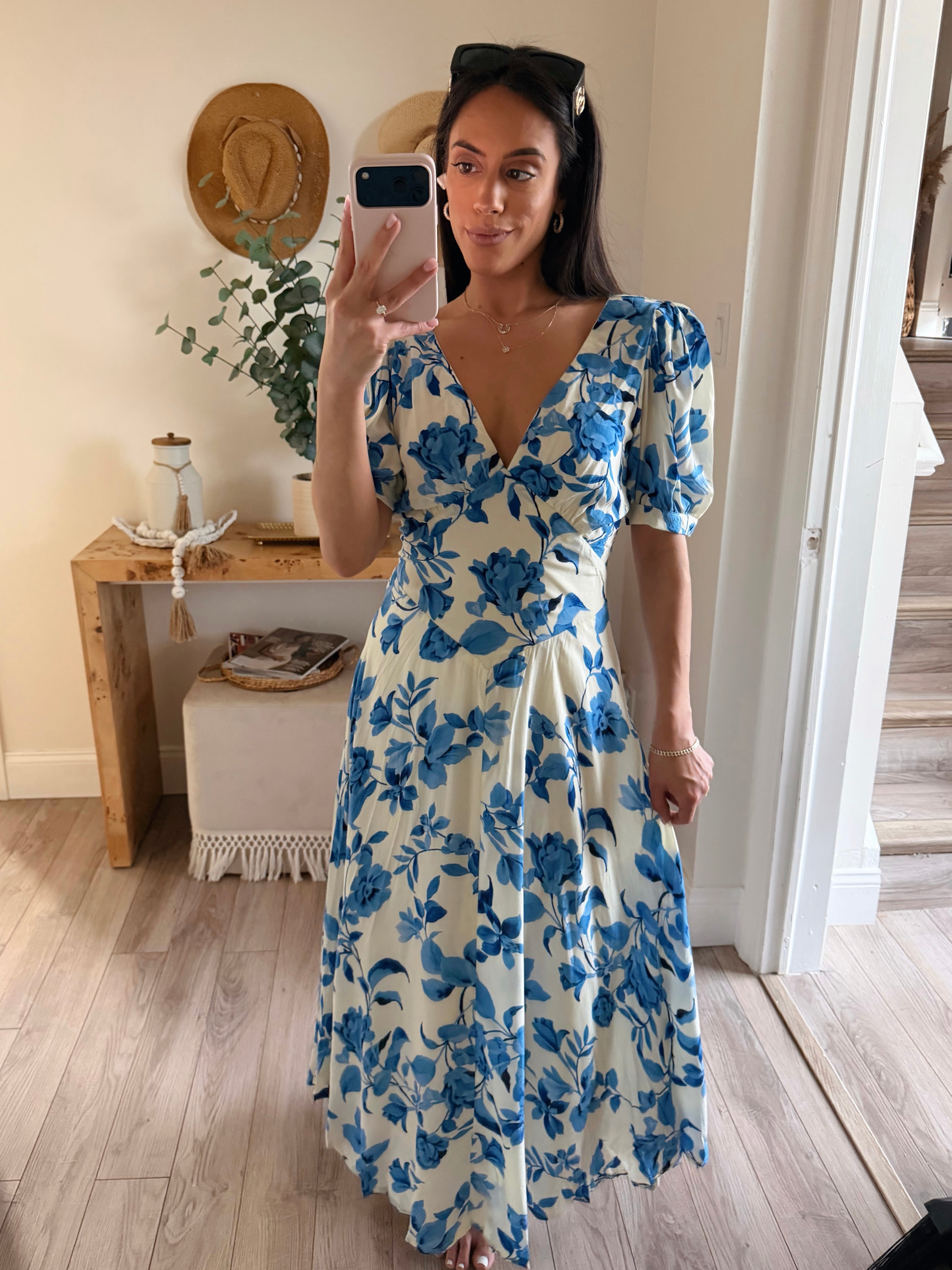 Cream/Blue Carrie Floral Puff Sleeve Maxi Dress L