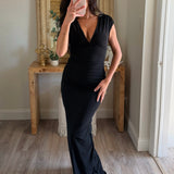 Ruched V-Neck Thigh Slit Maxi Dress