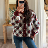 Plaid Jacquard-Knit Button-Front Crew-Neck Cardigan Sweater