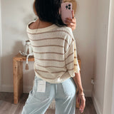 Striped Knit Boat Neck 3/4 Sleeve Loose Sweater