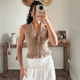 Smocked Tie-Front Halter Peplum Top