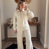 Cream Soft Ribbed Wide Leg Sweats
