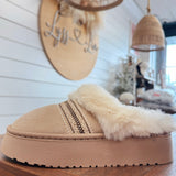 Faux Fur Suede Mule Slippers with Embroidered Trim