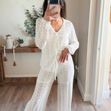 Pointelle Crochet-Knit Drawstring Sweater Pants