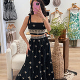 Boho Black/Gold Tiered Midi Skirt