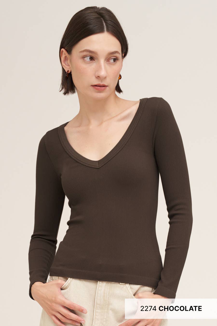 NIKIBIKI Ribbed Deep V Long Sleeve Top