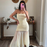 Butter Yellow Ruched Mesh Dress with Handkerchief Hem
