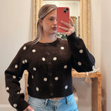 Polka Dot Jacquard-Knit Button-Up Crew-Neck Cropped Cardigan