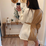 Cream-Sand Knit Colorblock Belted Cardigan/Dress
