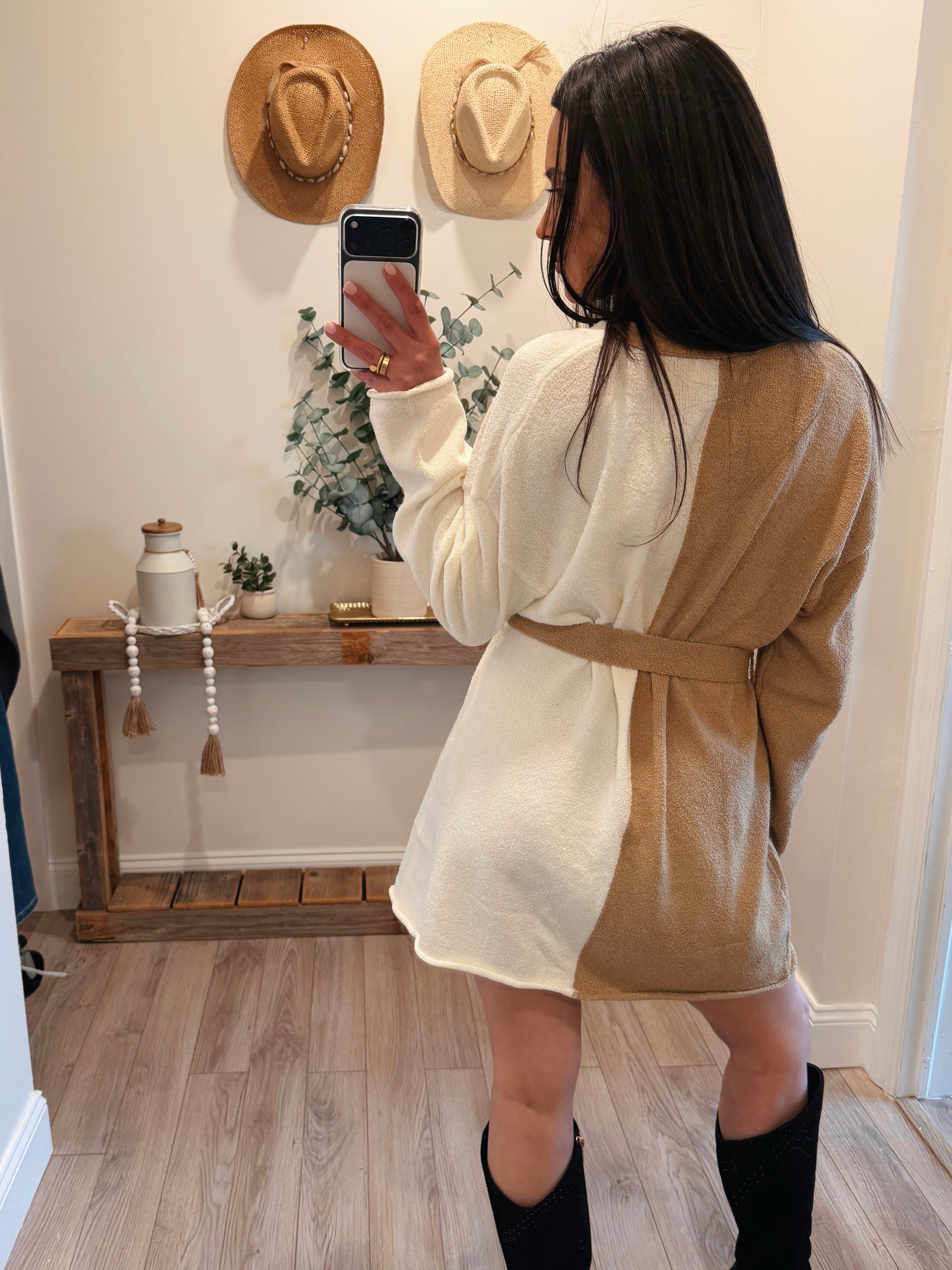 cream cardigan for dress Cream-Sand Knit Colorblock Belted Cardigan/Dress S