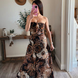 Black/Brown Floral Chiffon Ruffled Maxi Dress