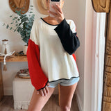 Cream-Red Textured Colorblock Knit Rolled-Edge Sweater