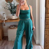 Seagreen Ruched Span Jersey Halter Neck Tank Top