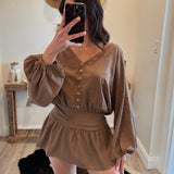 Linen Longsleeve Button and Smocked Waist Dress