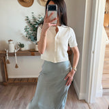 Scalloped Lace Trimmed Satin Midi Skirt - Seagreen