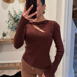 Brown Twisted Front Ribbed Sweater Top W Asymmetric Hem
