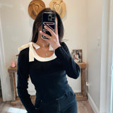 Black Bow Detail Ribbed Top