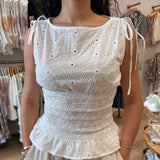 White Eyelet Boat Neck Sleeveless Smocked Top