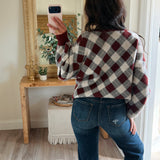 Plaid Jacquard-Knit Button-Front Crew-Neck Cardigan Sweater