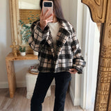 Plaid Sherpa Fleece High-Collar Button-Front Pocket Jacket