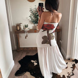White Rose-Print Mesh Strapless Drop-Waist Maxi Dress